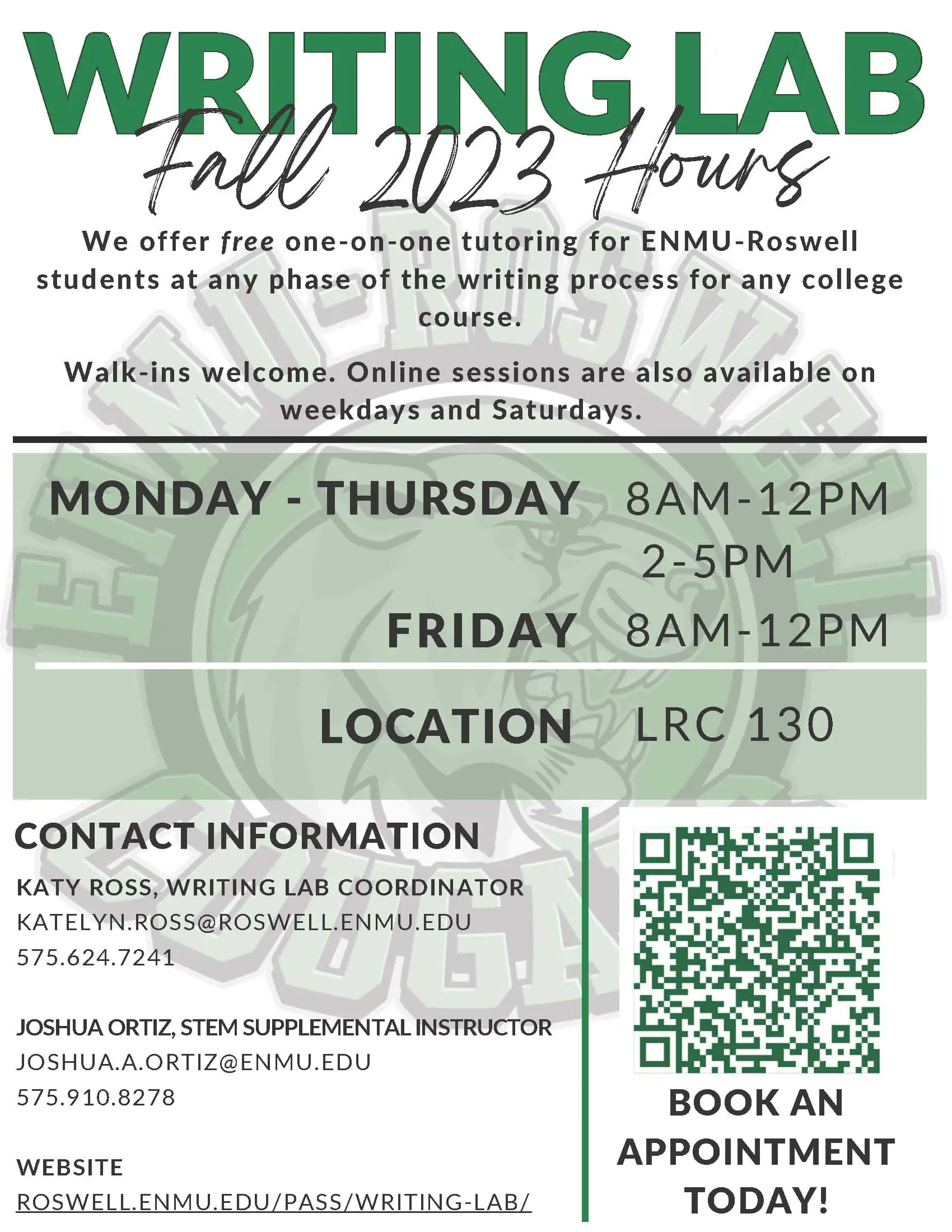 Writing Lab Hours - Fall 2023