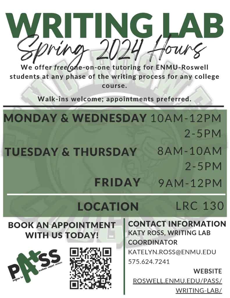 ENMU-R Writing Lab hours for the spring semester of 2024