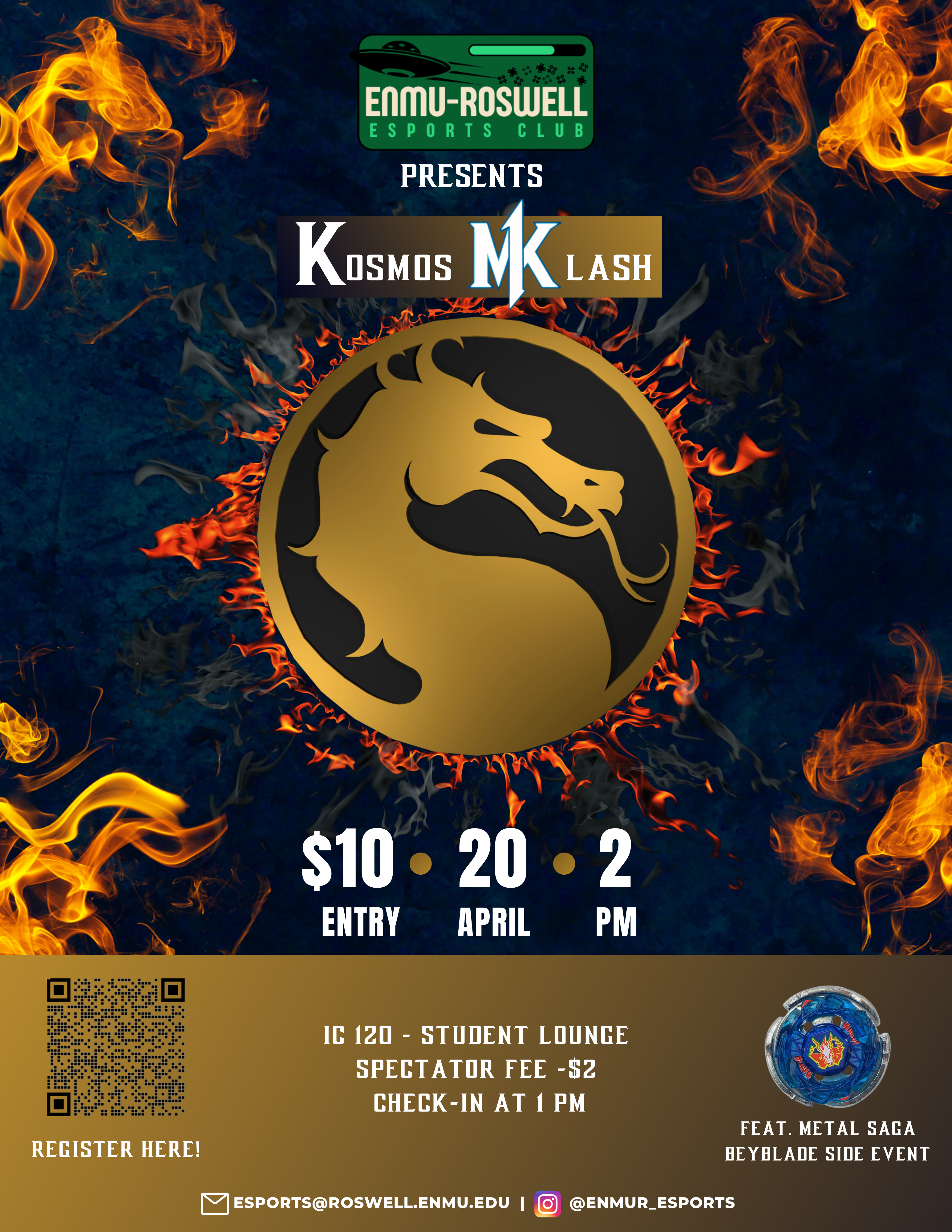 On April 20th, 2024, the ENMU-Roswell E-Sports Club will host a Mortal Kombat Tournament on campus in the Student Lounge. The entry fee is $10 USD and the tournament will begin at 2 PM.