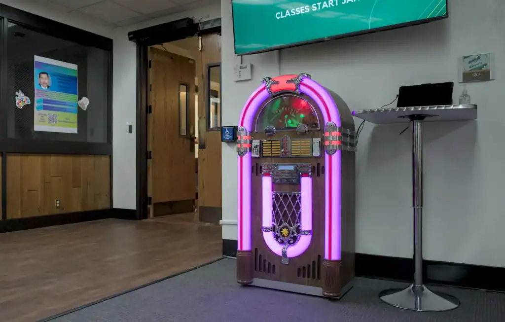 A photo of the Jukebox in the Student Lounge located inside of the Learning Resource Center