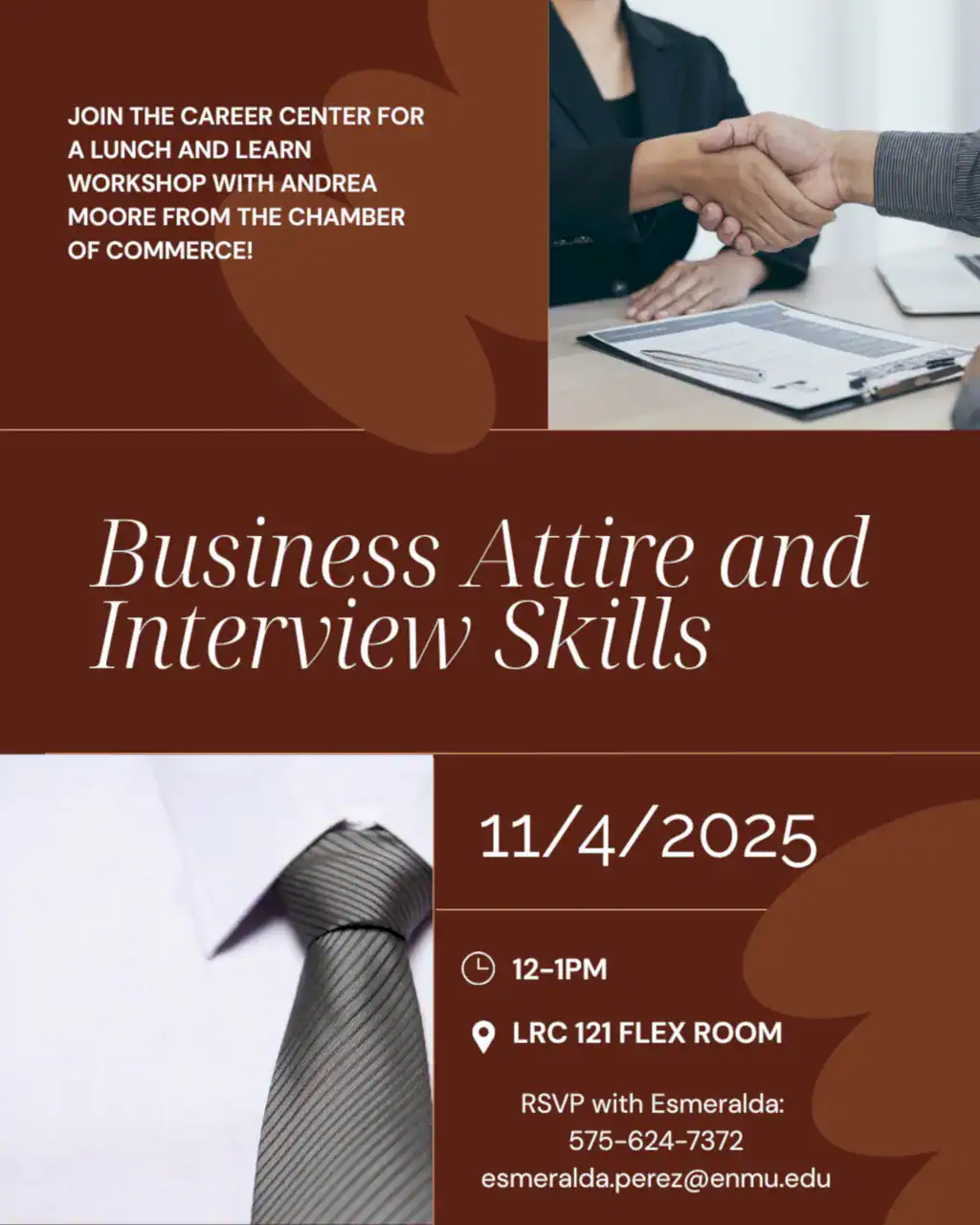 Business Attire flyer for the Fall 2025 Lunch and Learn workshop series hosted by the ENMU-Roswell Career Center.