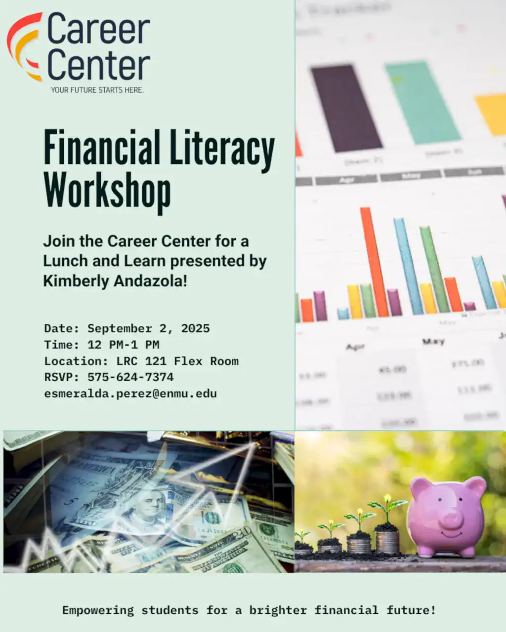 Financial Literacy Workshop flyer for the Fall 2025 Lunch and Learn workshop series hosted by the ENMU-Roswell Career Center.