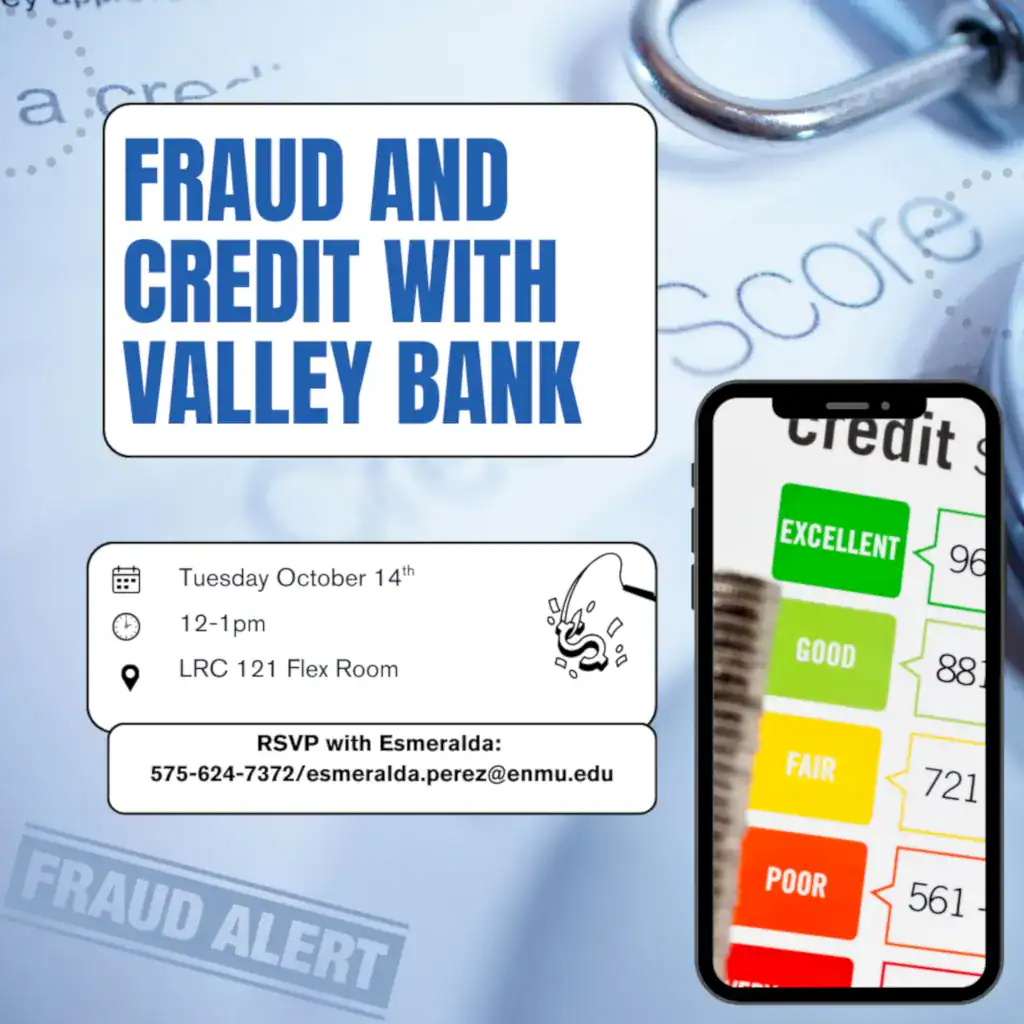 Fraud and Credit flyer for the Fall 2025 Lunch and Learn workshop series hosted by the ENMU-Roswell Career Center.