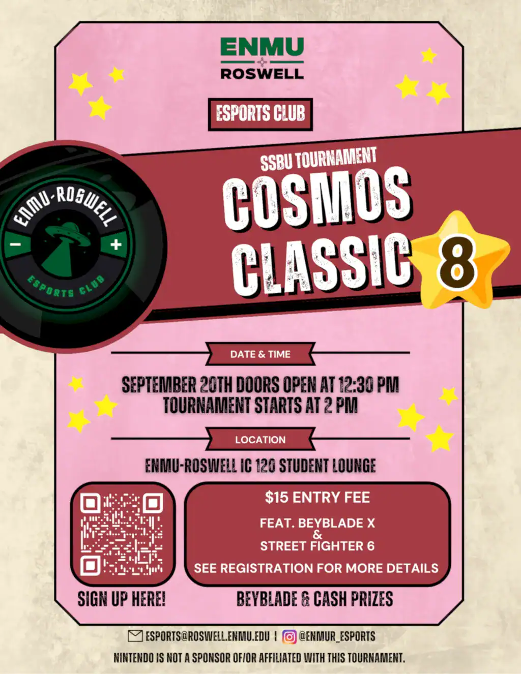 A flier for the ENMU-Roswell E-Sports Club's SSBU Tournament scheduled for September 20th.