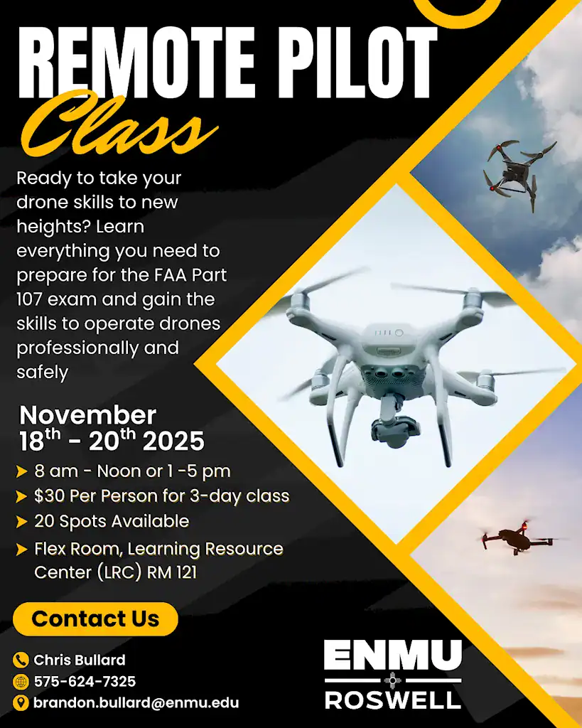 A flyer for the Remote Pilot classes schedule November 18th through the 20th, 2025.
