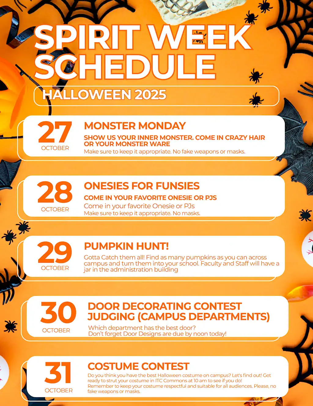 Flyer and schedule for the 2025 ENMU-Roswell Halloween Spirit Week.