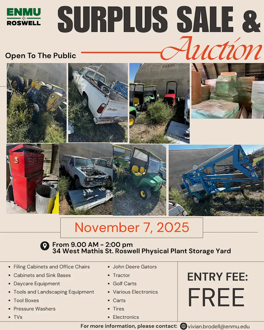 Flyer for the 2025 ENMU-Roswell campus auction and surplus sale.