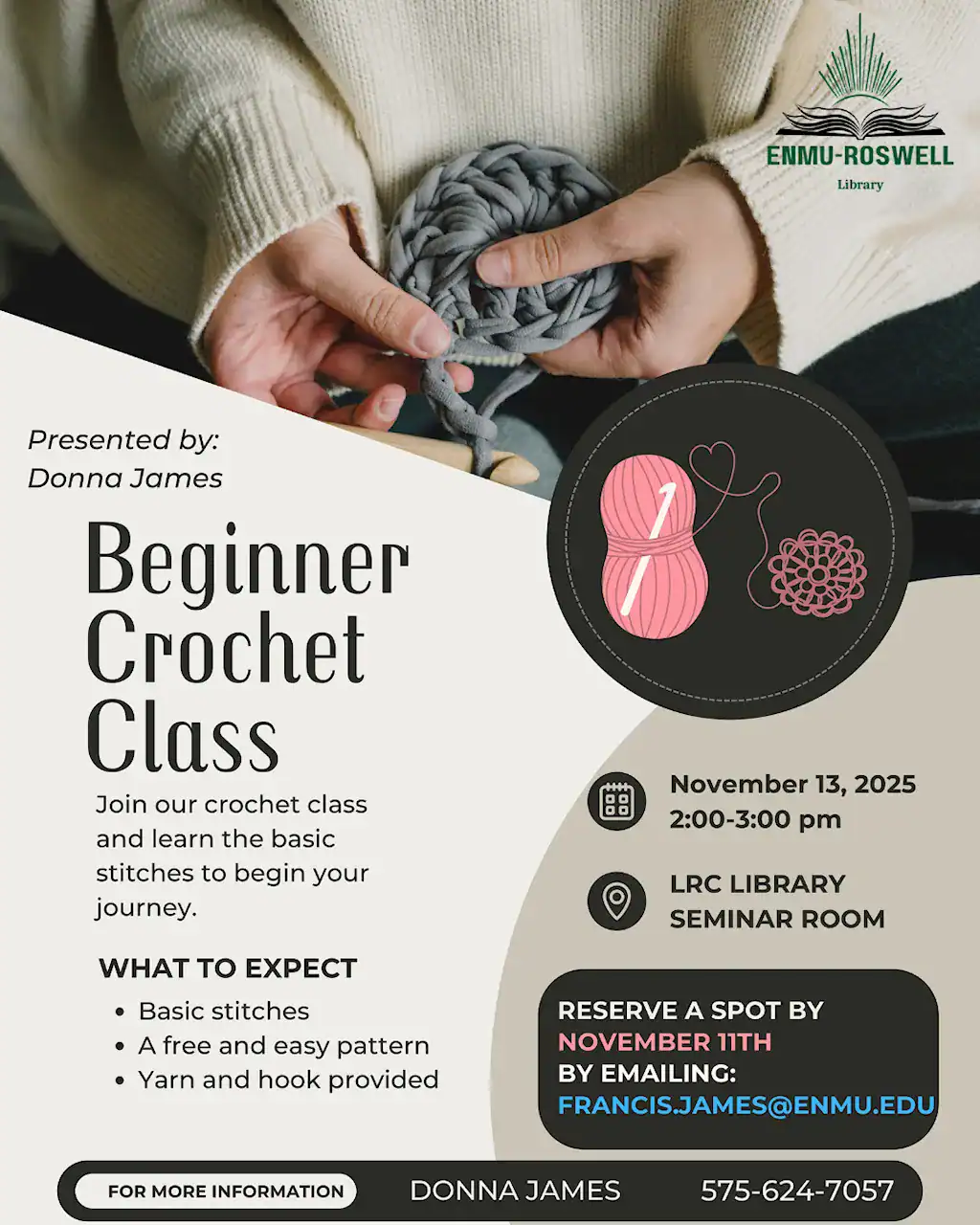 Flyer for the beginner crochet class hosted by Donna James that will take place on November 13th, 2025.
