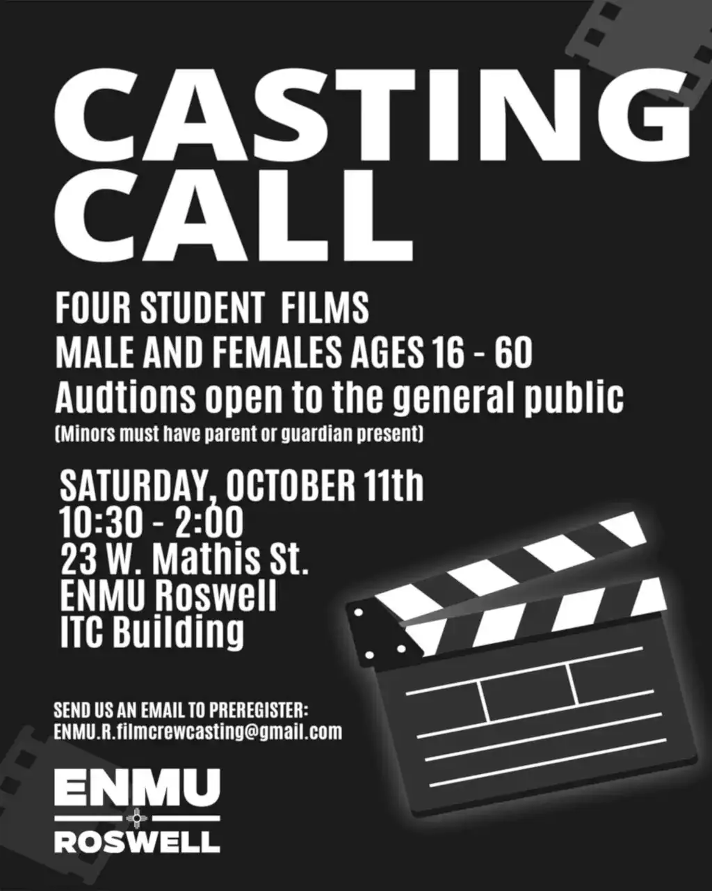 Flyer for student film auditions scheduled for October 11th in the Instructional Technology Center (ITC) TV Studio between 10:30 AM and 2:00 PM.