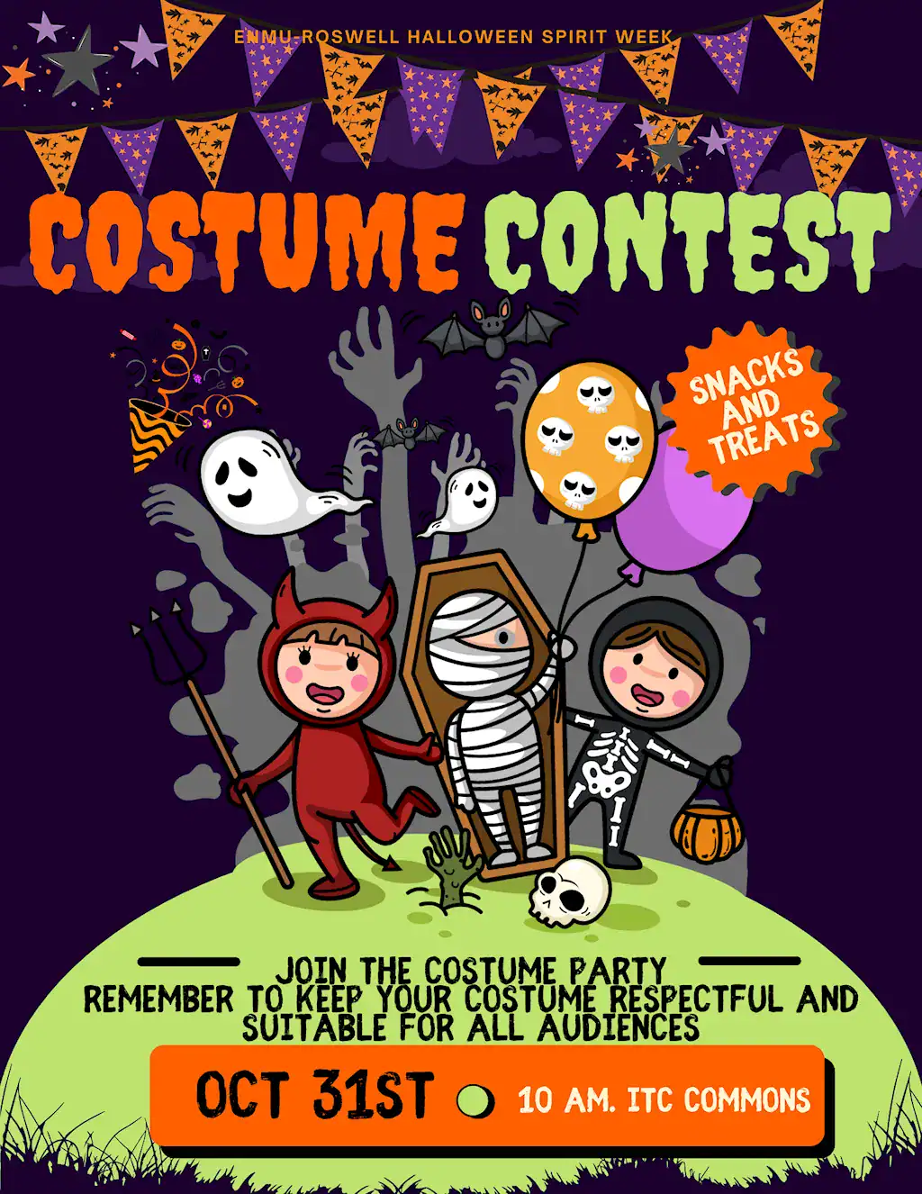 Flyer for the 2025 ENMU-Roswel Halloween Spirit Week Costume Contest