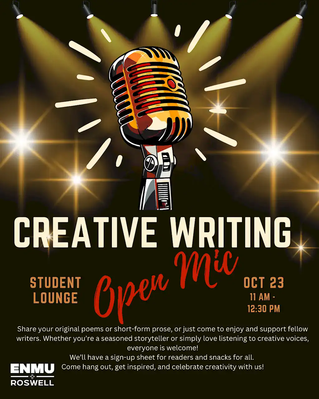 Flyer for the Creative Writing Open Mic event that is scheduled for October 23rd, 2025 between 11:00 AM and 12:30 PM
