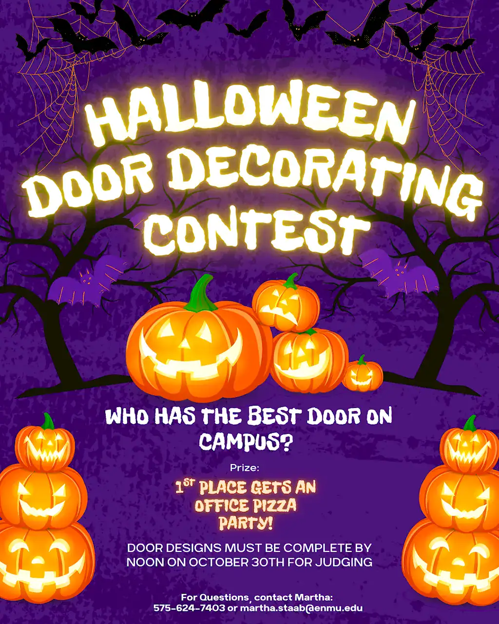Flyer for the 2025 ENMU-Roswell Halloween Spirit Week Door Decorating Contest scheduled for October 30th.