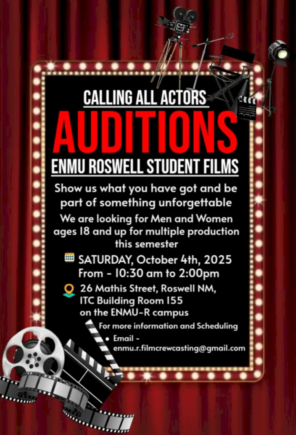 Flyer for casting auditions scheduled October 4th, 2025 to fill roles in various Student Film productions during the Fall semester.