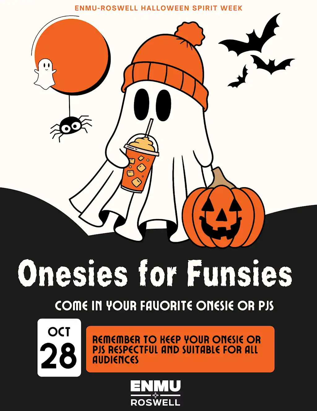 Flyer for the 2025 ENMU-Roswell Halloween Spirit Week's Tuesday event: Onesies for Funsies