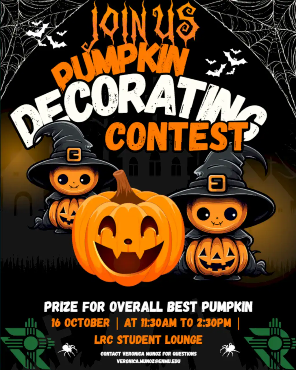 A flyer for the pumpkin decorating contest scheduled for Thursday, October 16th, 2025 in the ENMU-Roswell Student Lounge