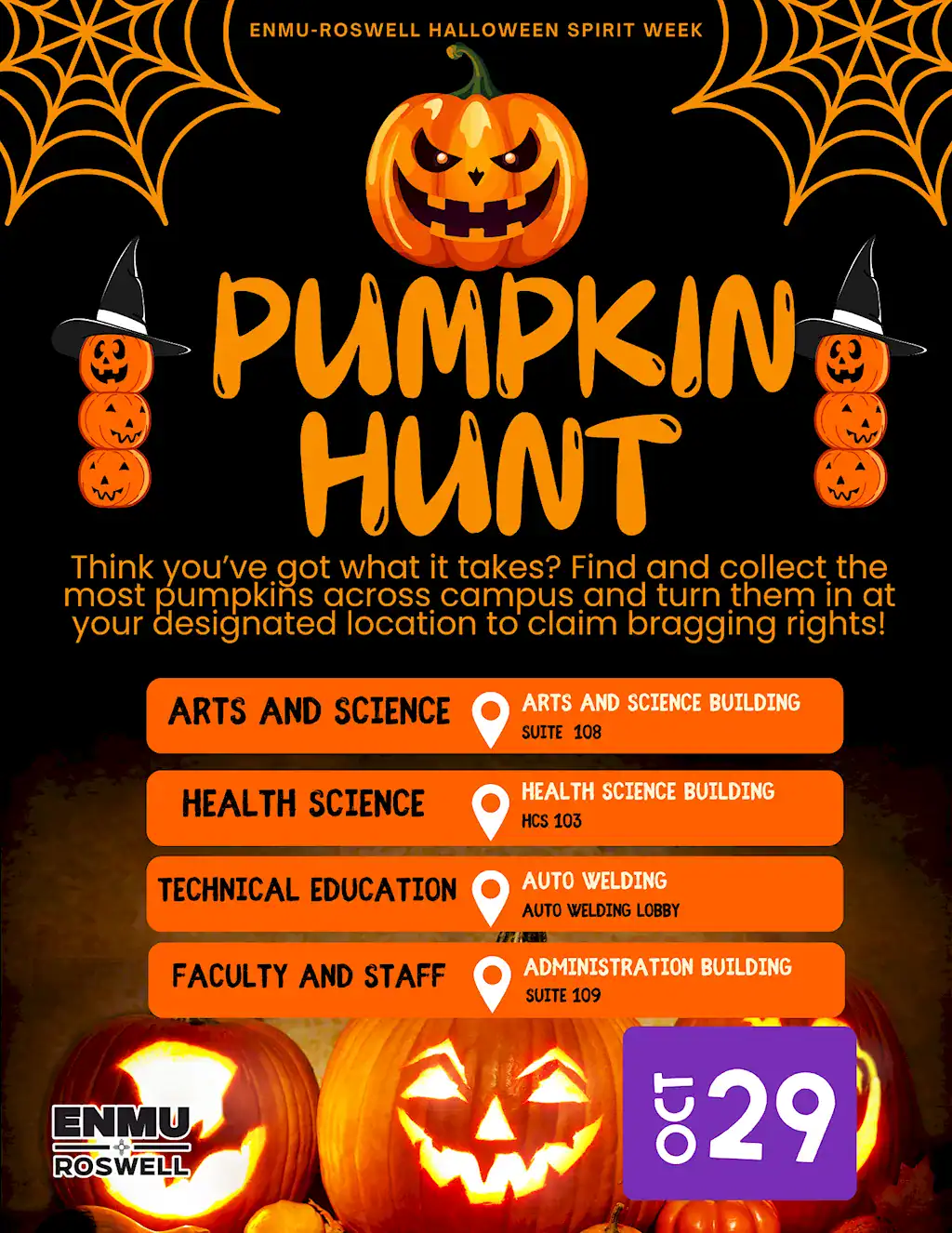 Flyer for the 2025 ENMU-Roswell Halloween Spirit Week event: Pumpkin Hunt.