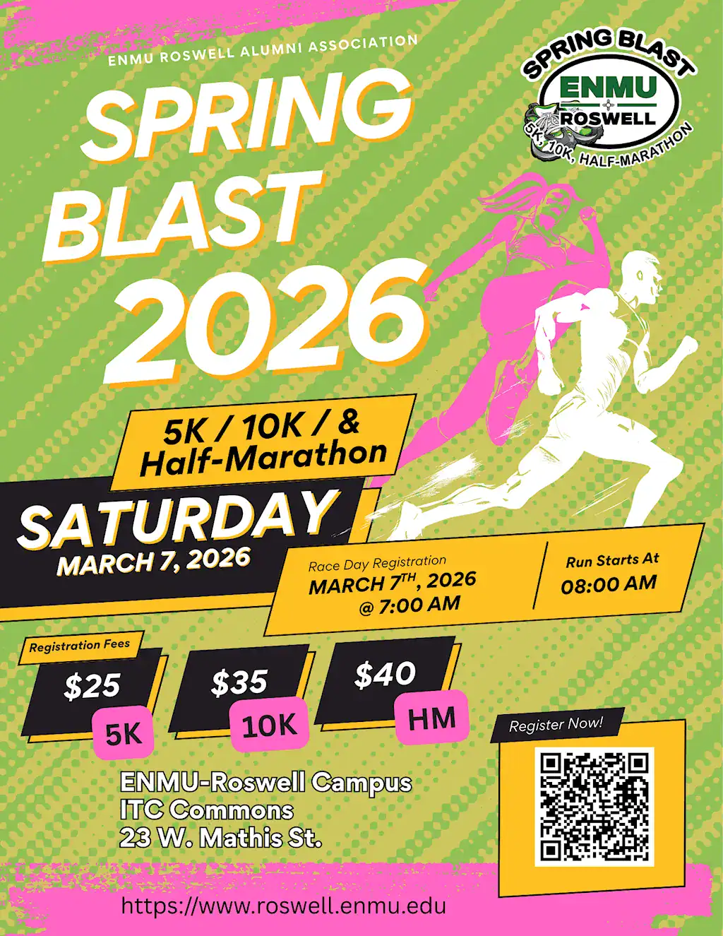 Flyer for the 2026 ENMU-Roswell Spring Blast 5K, 10K, and Half-Marathon