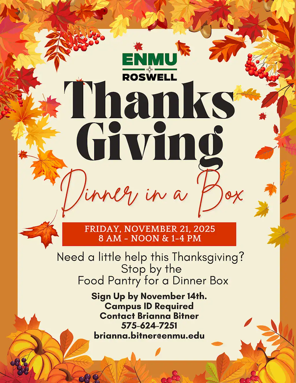 A flyer for the 2025 ENMU-Roswell Food Pantry event: Dinner in a Box.