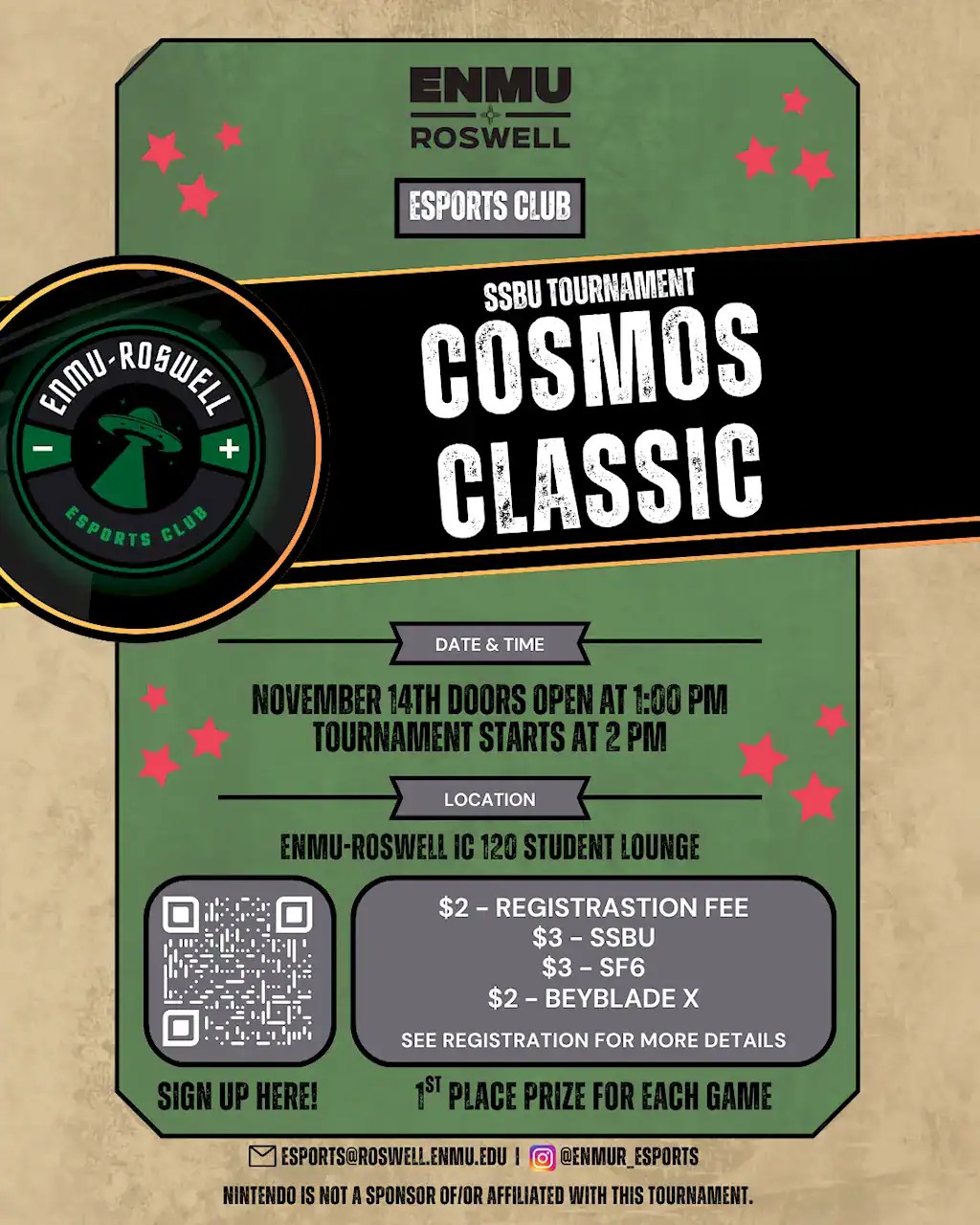 Flyer for the ENMU-Roswell E-Sports Club's Cosmos Classic SSBU Tournament, which is scheduled for November 14th, 2025, beginning at 1:00 PM.