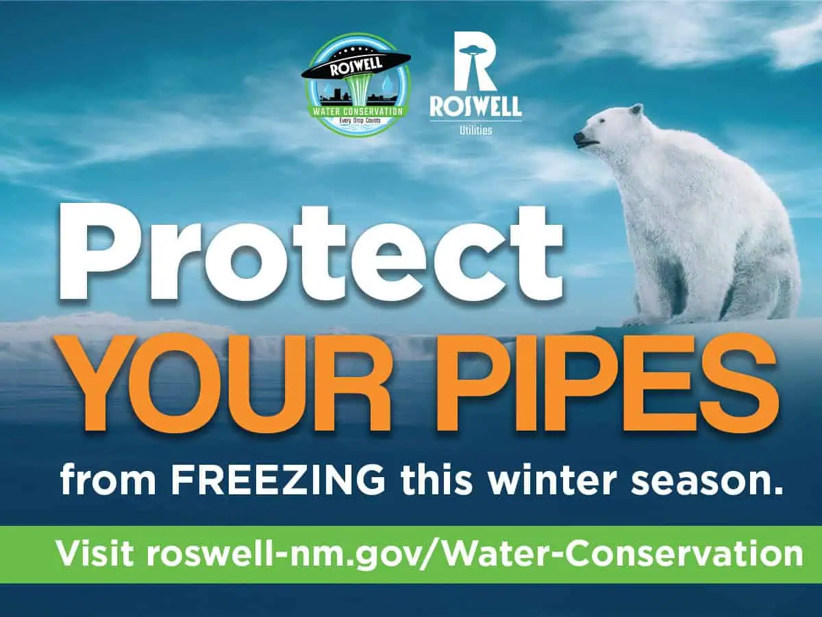City of Roswell flyer to raise awareness about freezing winter temperatures and taking precautions to protect water pipes. The image shows a polar bear sitting on a sheet of floating ice looking out over open water against a light blue sky.