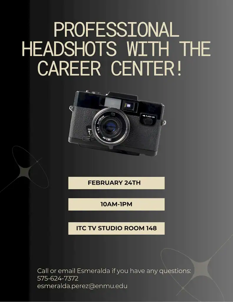 A flyer for the Spring 2026 Professional Headshots service provided by the Career Center which are scheduled for February 24th, 10 AM until 1 PM.
