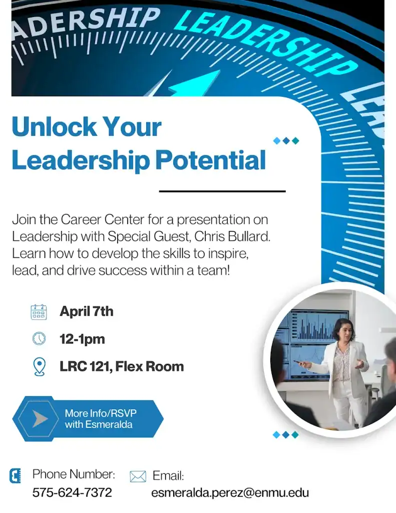 A flyer for the Career Center's Lunch and Learn Leadership presentation which is scheduled April 7th, 2026 and will be held in the Learning Resource Center (LRC), Room 121.
