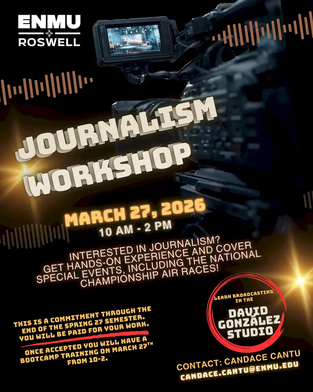 A flyer for a Journalism Workshop that will be held on March 27th, 2026, between 10 AM and 2 PM.