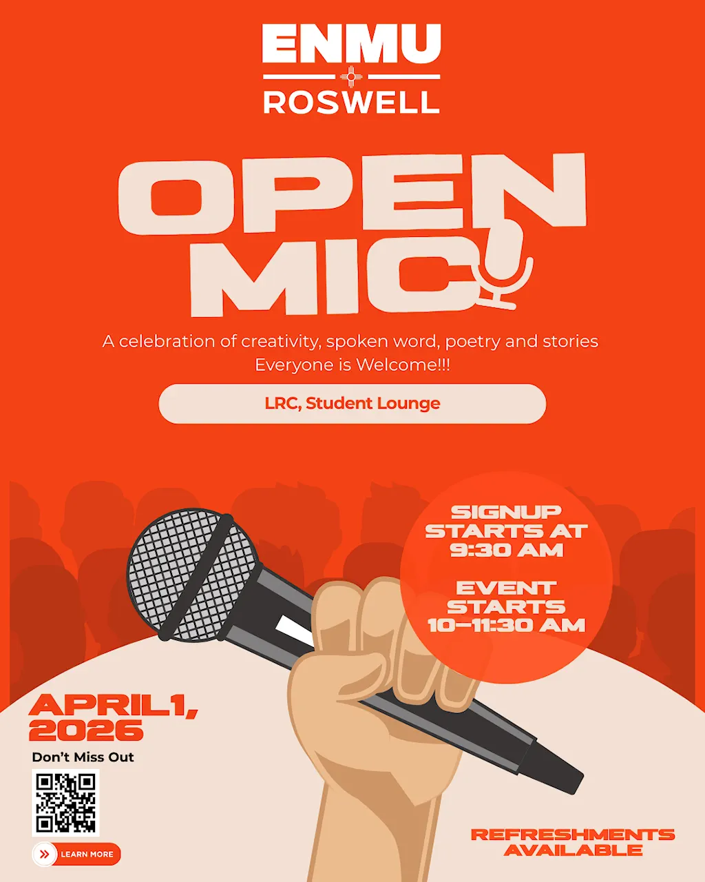 Flyer for the Open Mic event taking place in the Student Lounge on April 1st, 2026. Registration begins at 9:30 AM and the event will begin at 10:00 AM.