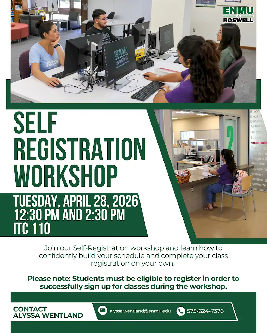 A flyer for the Spring 2026 Self-Registration Workshop which is scheduled on April 28th between 12:30 and 2:30 PM, and will be held in Room 110 of the Instructional Technology Center (ITC).