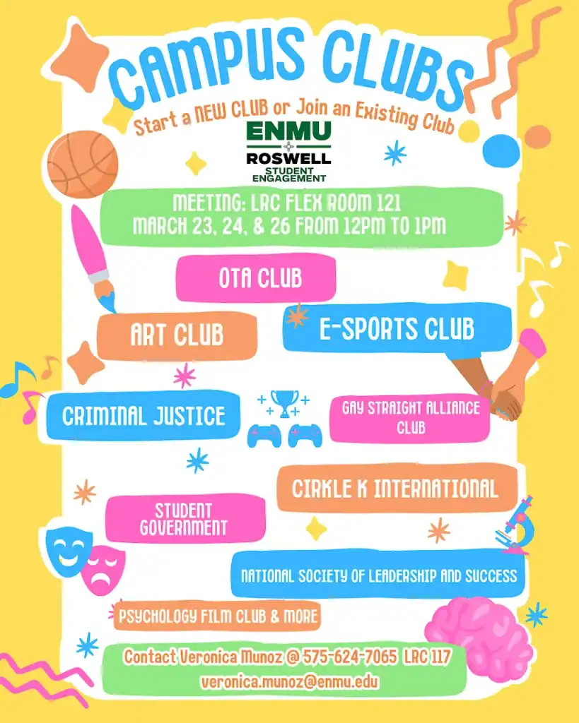 A flyer for a series of Student Club meetings hosted by Student Engagement, that will be held in the LRC Flex Room (RM 121) on Monday, Tuesday, and Thursday, March 23rd, 24th, and 26th, 2026.