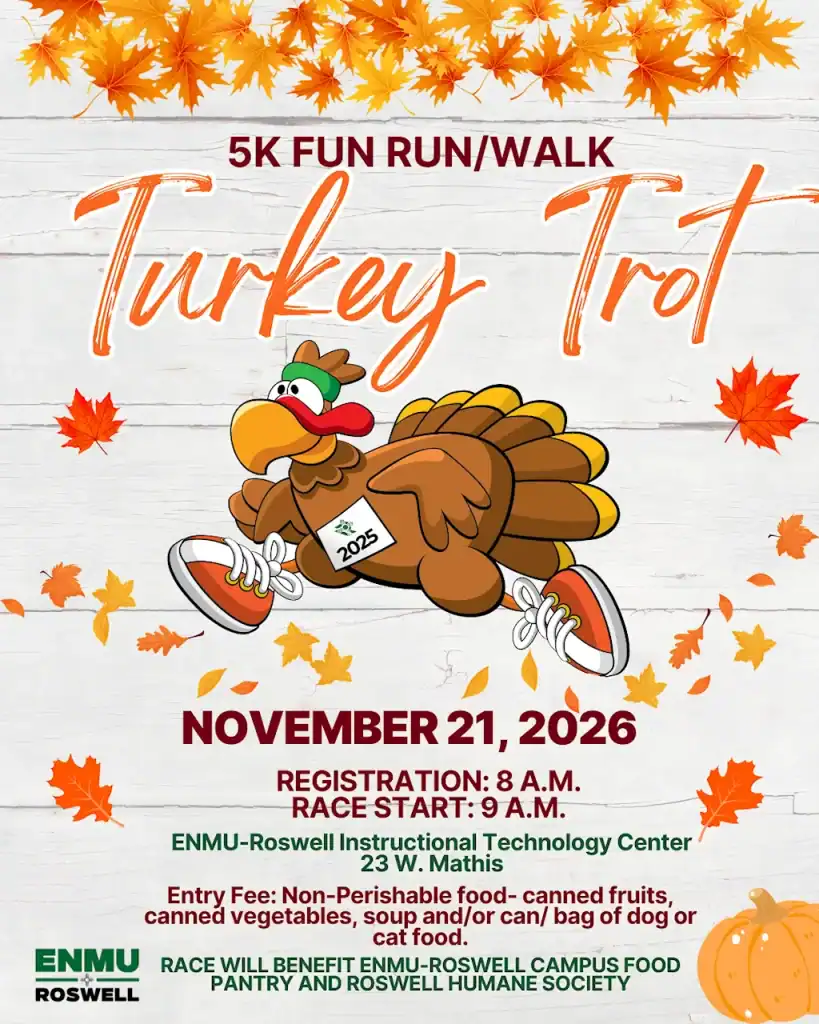 Flyer for the 2026 Annual Turkey Trot 5K Fun Run/Walk food drive event dated November 21st, 2026 with registration beginning at 8:00 AM.
