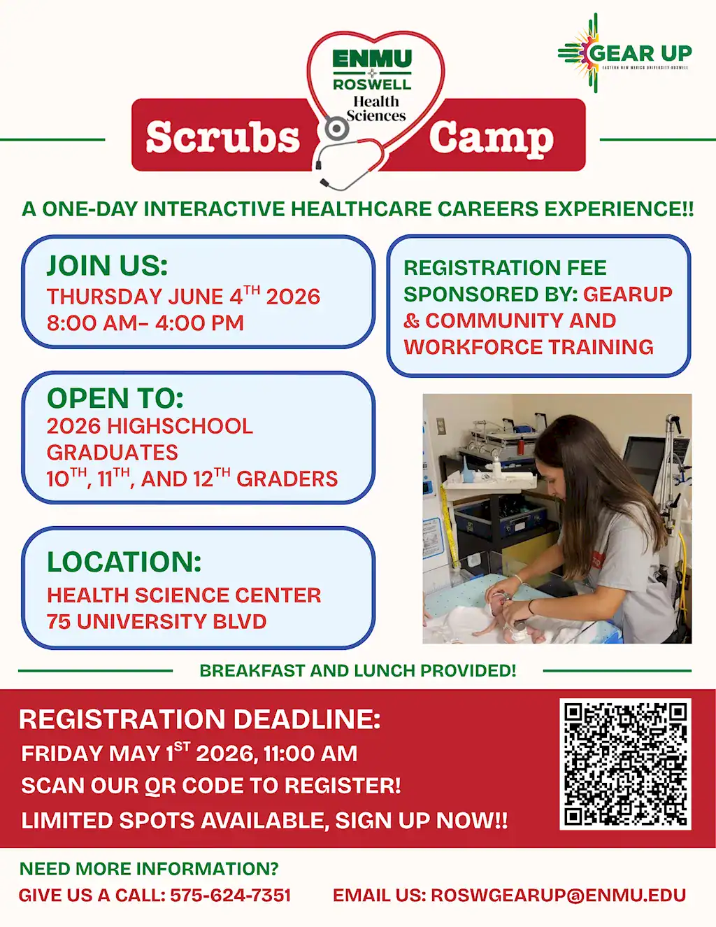 Flyer for ENMU Roswell Health Sciences "Scrubs Camp," a one-day healthcare career experience on June 4, 2026, from 8 AM–4 PM at the Health Science Center (75 University Blvd). Open to 10th–12th graders and 2026 graduates. Registration fee is sponsored; breakfast and lunch provided. Register via QR code by May 1, 2026, 11 AM. Contact: 575-624-7351 or roswgearup@enmu.edu
