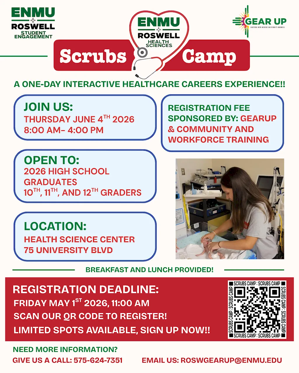 Flyer for ENMU Roswell Health Sciences "Scrubs Camp," a one-day healthcare career experience on June 4, 2026, from 8 AM–4 PM at the Health Science Center (75 University Blvd). Open to 10th–12th graders and 2026 graduates. Registration fee is sponsored; breakfast and lunch provided. Register via QR code by May 1, 2026, 11 AM. Contact: 575-624-7351 or roswgearup@enmu.edu