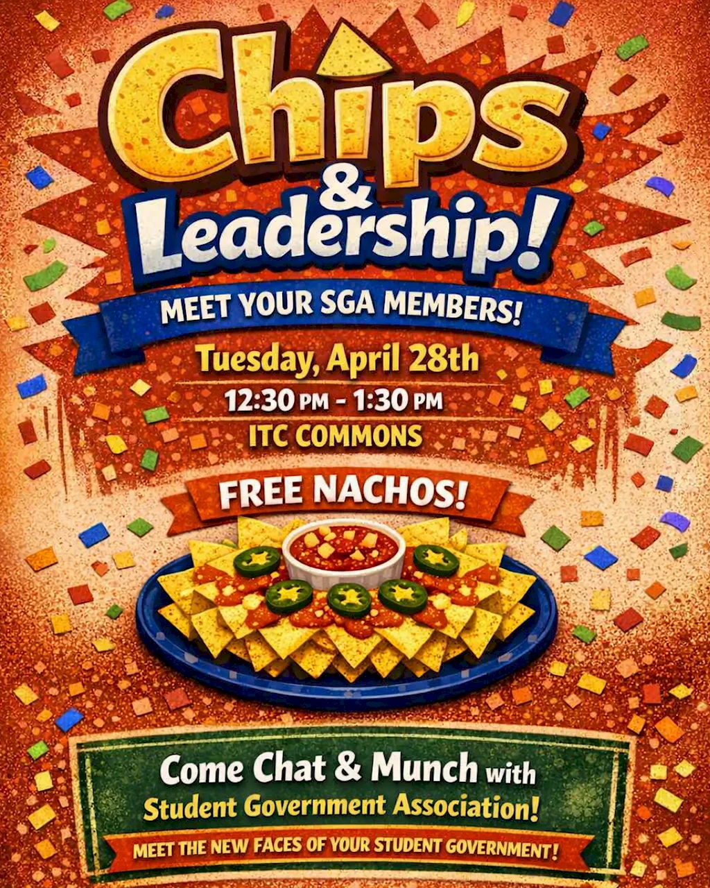 A vibrant, festive event flyer with a warm orange and brown textured background, decorated with colorful confetti. The top features the title "Chips & Leadership!" in large, 3D bubbly letters.