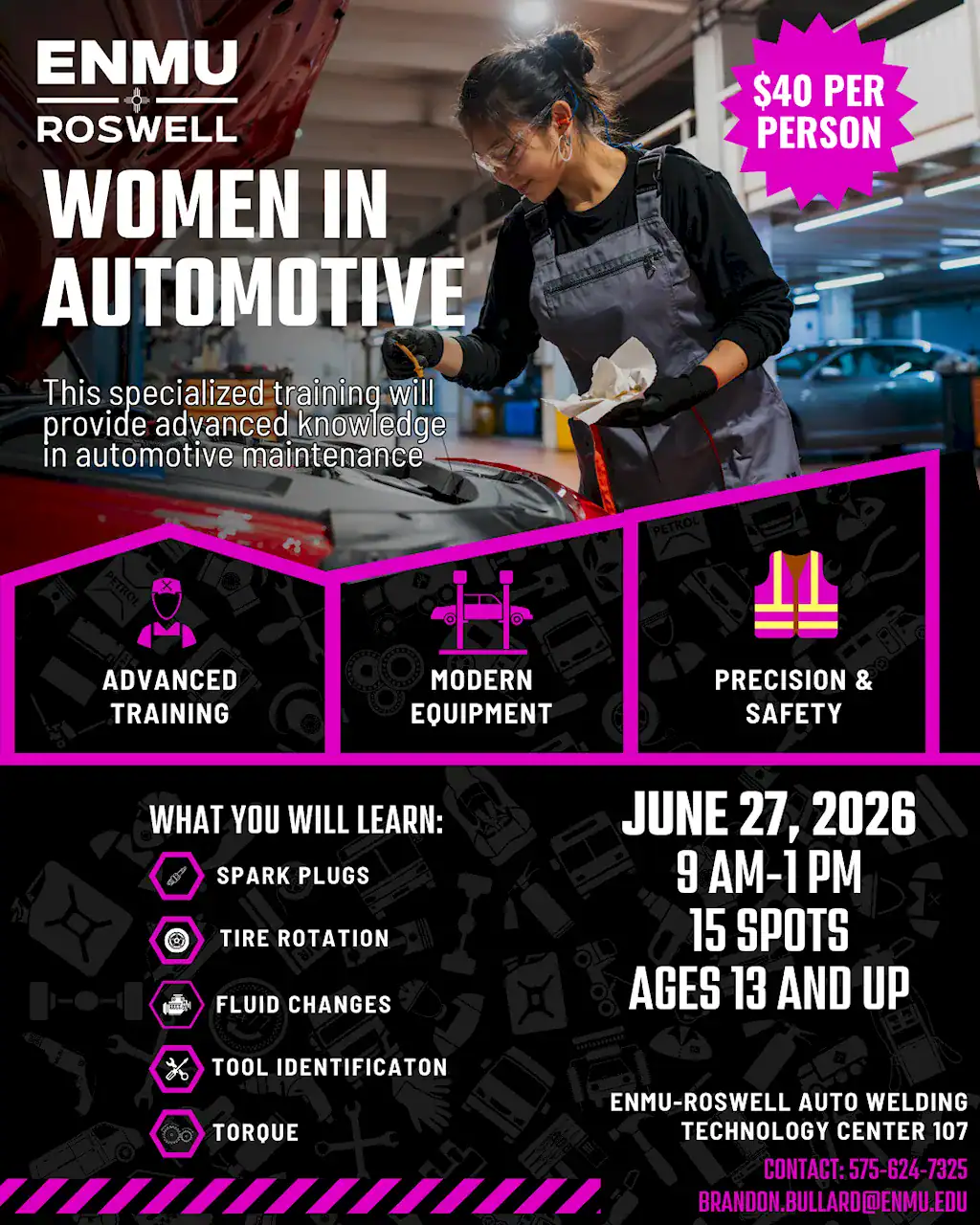 Flyer for ENMU Roswell’s “Women in Automotive” training on June 27, 2026, from 9 AM–1 PM. The workshop covers spark plugs, tire rotation, and fluid changes at the Auto Welding Technology Center, Room 107. Cost is $40 per person; ages 13 and up.