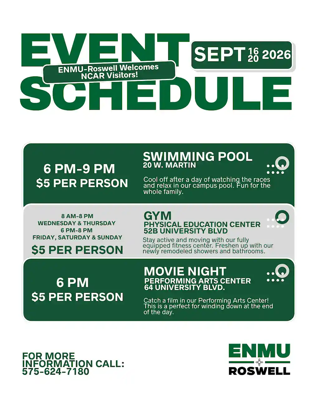 Event schedule flyer for ENMU-Roswell’s welcoming of NCAR visitors from Sept 16–20, 2026. The flyer details activities costing $5 per person, including swimming pool access, gym hours at the Physical Education Center, and movie night at the Performing Arts Center. Includes contact number: 575-624-7180.