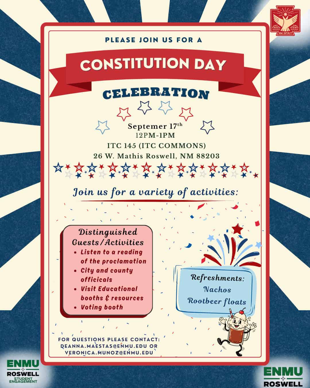 Flyer for the Constitution Day Celebration on September 17th, 12 PM–1 PM at ITC 145 (ITC Commons) in Roswell, NM. Features activities like a proclamation reading, educational booths, and a voting booth, plus nachos and root beer floats.
