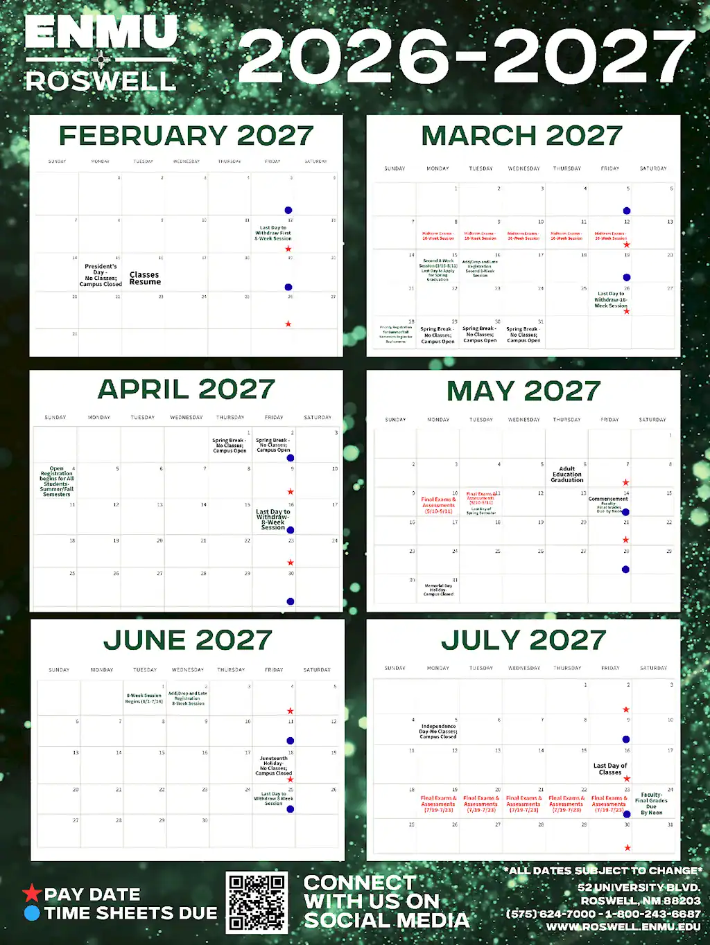 2026-2027 Mega Calendar_-_Back-XnConvertpx Image export of the back of the ENMU-Roswell Academic Calendar for the 2026-2027 Year depicting February 2027 through July of 2027.