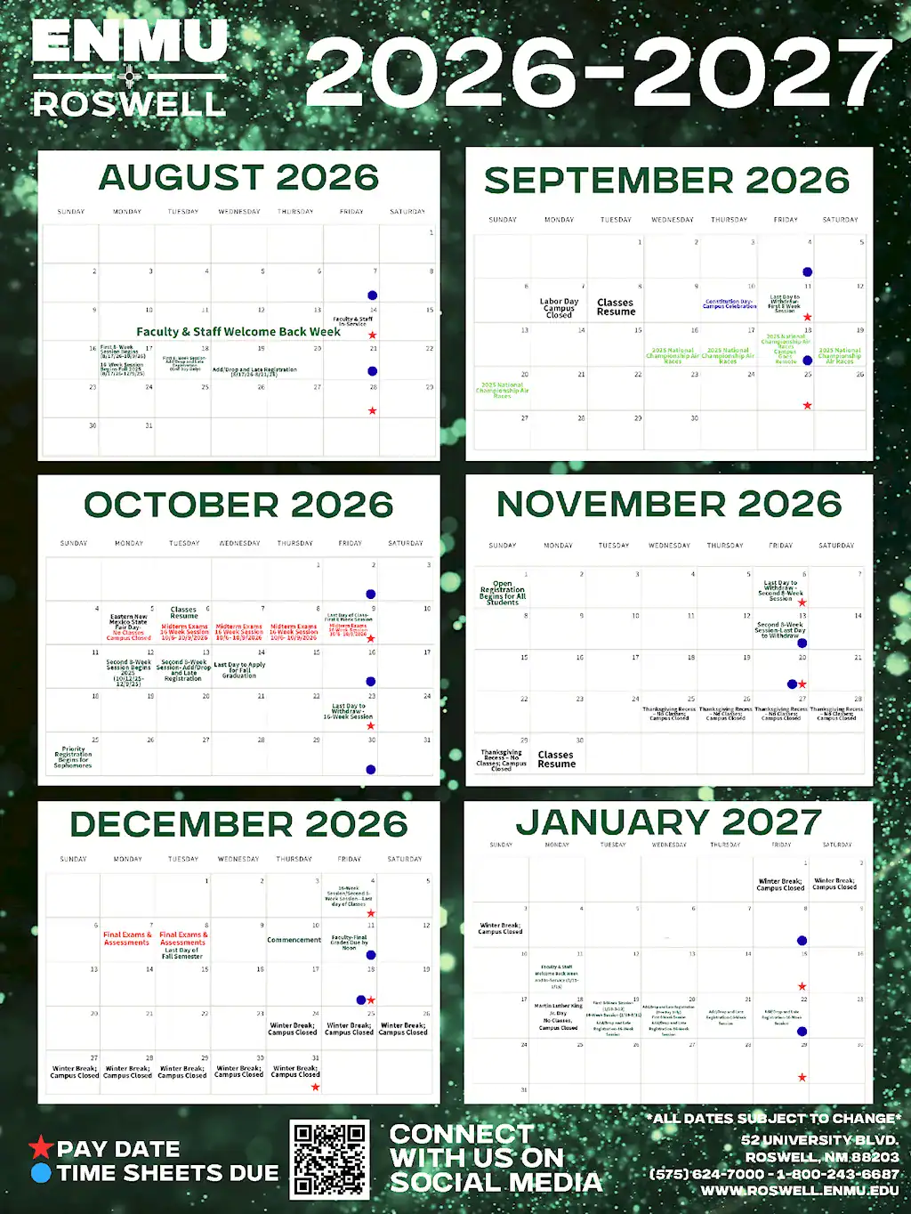 2026-2027 Mega Calendar_-_Front-XnConvertpx Image export of the front of the ENMU-Roswell Academic Calendar for the 2026-2027 Year depicting August 2026 through January of 2027.