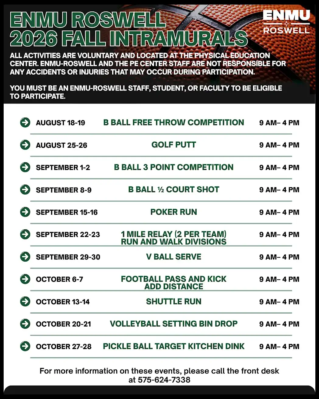 Flyer detailing the schedule of events and contact information for the ENMU Roswell 2026 Fall Intramurals.
