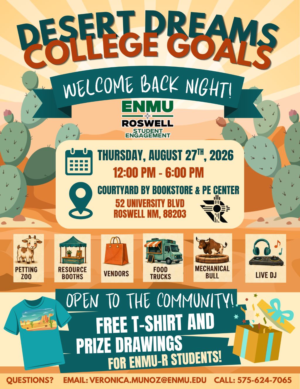 Desert Dreams, College Goals: ENMU-Roswell Welcome Back Night flyer for August 27, 2026, featuring event details and activity lists.