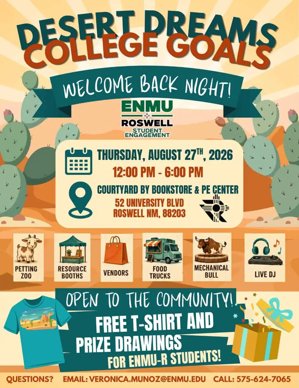 Desert Dreams, College Goals: ENMU-Roswell Welcome Back Night flyer for August 27, 2026, featuring event details and activity lists.