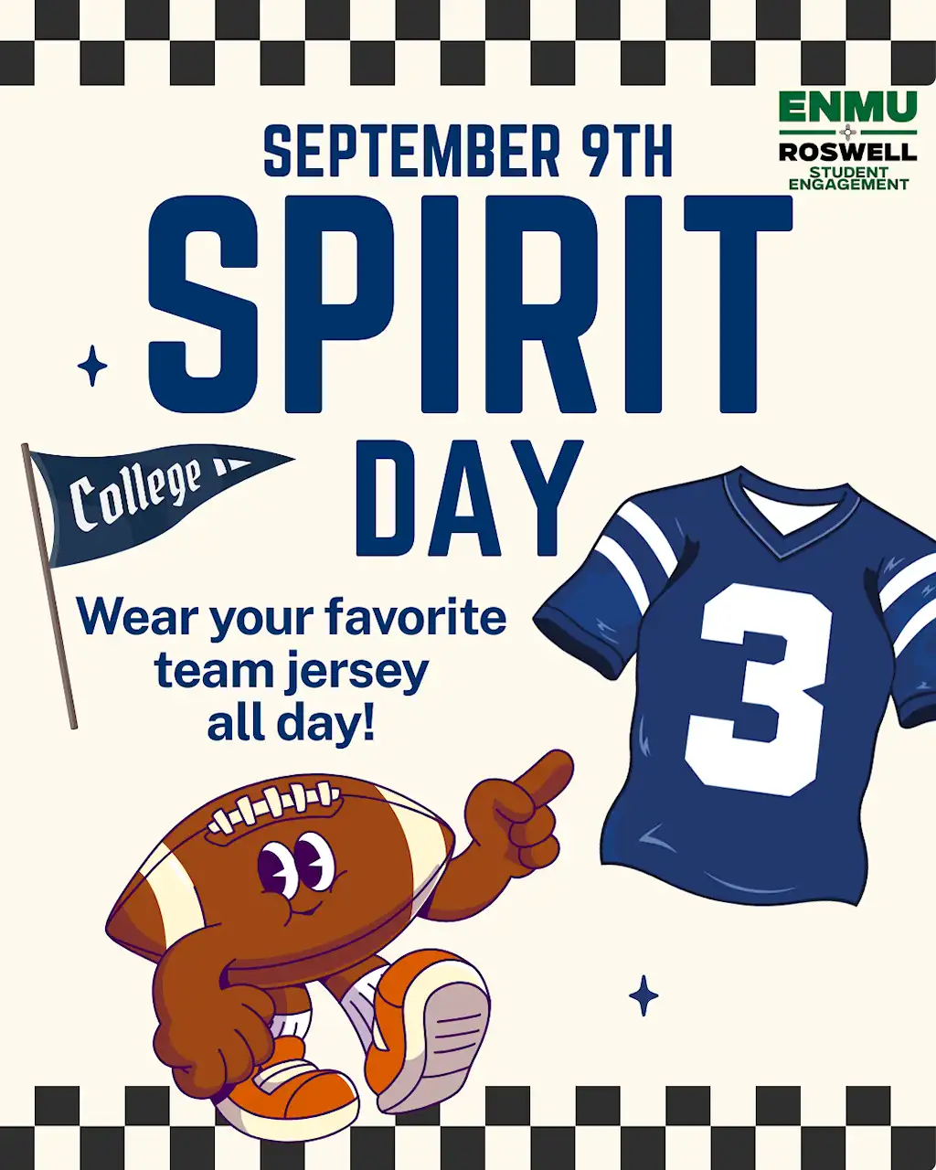 Flyer for ENMU Roswell Student Engagement's Spirit Day on September 9th, encouraging everyone to wear their favorite team jersey all day.