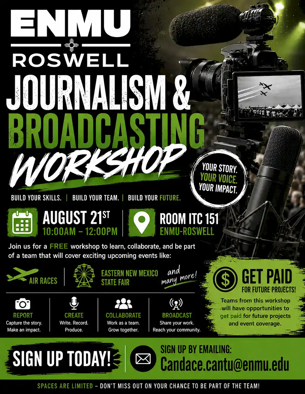 Flyer for a free ENMU-Roswell Journalism and Broadcasting Workshop on August 21 from 10:00 AM to 12:00 PM in Room ITC 151.
