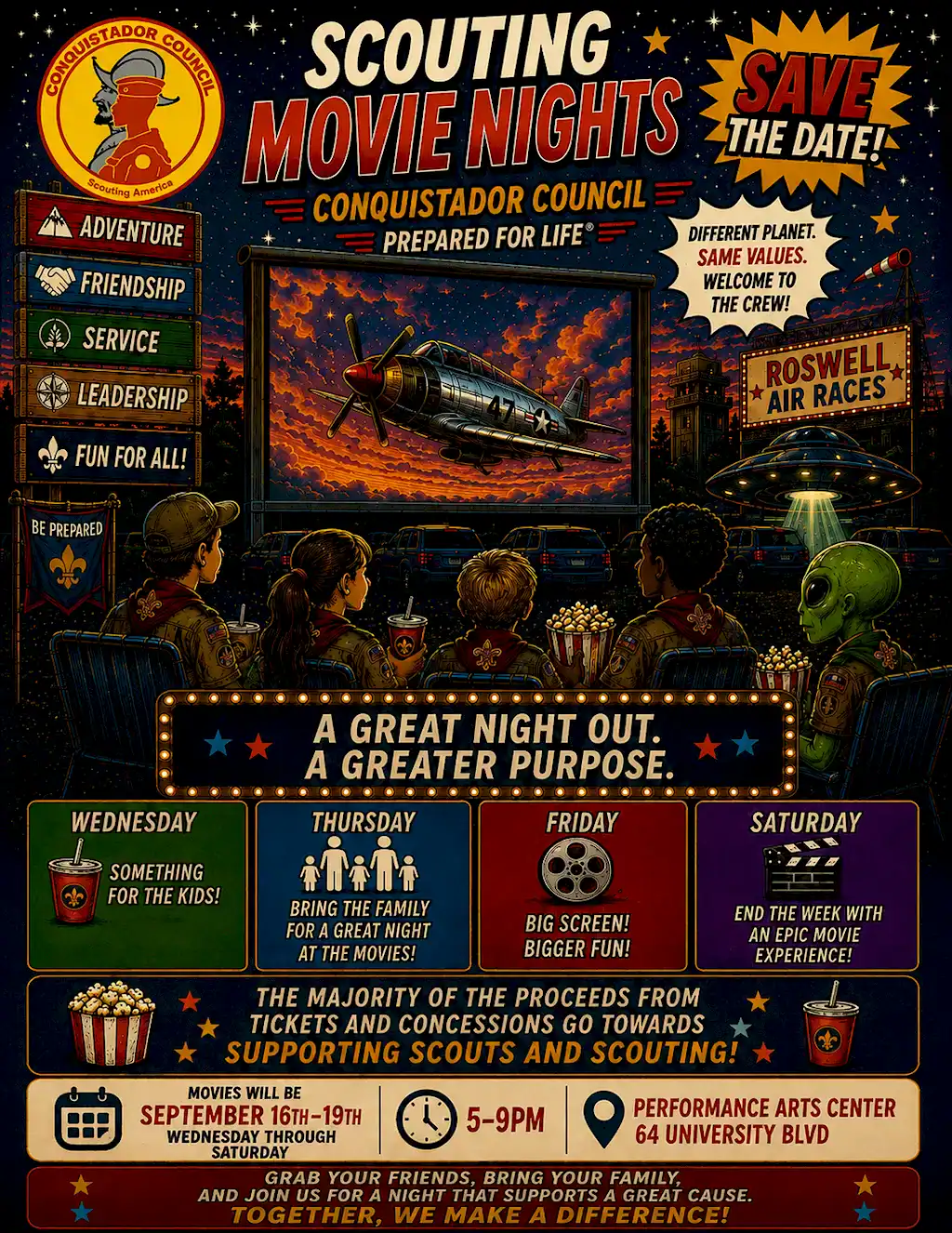 Promotional flyer for "Scouting Movie Nights" hosted by Conquistador Council (Scouting America). The event takes place from Wednesday, September 16th through Saturday, September 19th, from 5:00 PM to 9:00 PM at the Performance Arts Center, 64 University Blvd. The majority of proceeds from tickets and concessions go toward supporting Scouts and Scouting. The daily schedule is as follows: Wednesday: Something for the kids. Thursday: Family night. Friday: Big Screen/Bigger Fun. Saturday: An epic movie experience. The flyer features a retro sci-fi theme with illustrations of Scouts and aliens watching a film in a theater under a starry sky. Listed scouting values include Adventure, Friendship, Service, and Leadership.