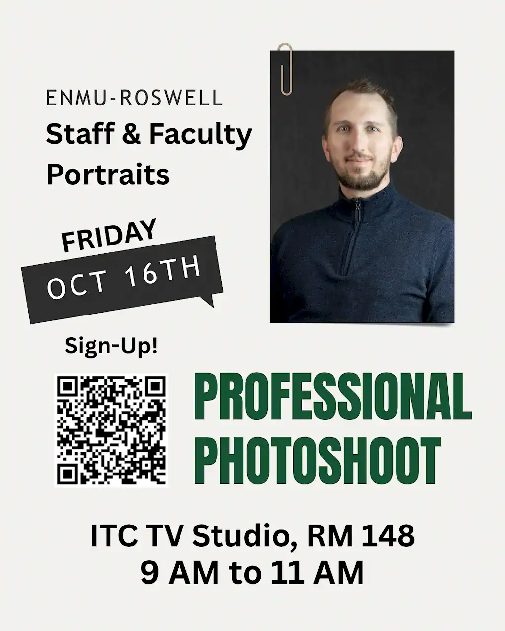 Event flyer announcing a professional photoshoot for ENMU-Roswell staff and faculty on Friday, October 16th, from 9 AM to 11 AM, in the ITC TV Studio, Room 148. The flyer includes a sample headshot portrait and a QR code for sign-up (linked URL not decodable from the image).