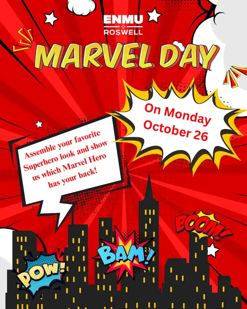 ENMU Roswell promotional flyer for "Marvel Day," a superhero costume event on Monday, October 26. Comic-book–style design with a red burst background, black city skyline, stars, and sound-effect bursts reading "POW!", "BAM!", and "BOOM!". A speech bubble invites participants: "Assemble your favorite Superhero look and show us which Marvel Hero has your back!"