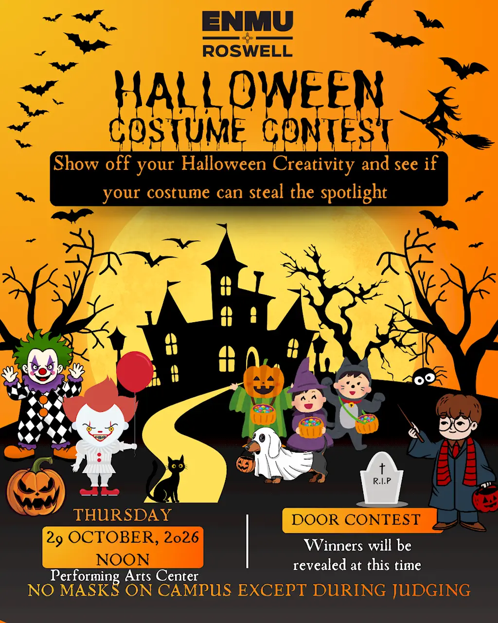 ENMU Roswell Halloween Costume Contest flyer, announcing: "Show off your Halloween creativity and see if your costume can steal the spotlight." Thursday, October 29, 2026, at noon, at the Performing Arts Center. Door Contest winners will be revealed at this time. No masks on campus except during judging.