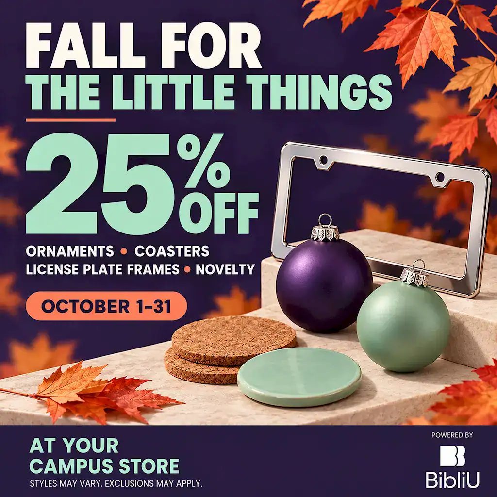 Promotional banner for the ENMU-Roswell campus store advertising a "Fall for the Little Things" sale: 25% off ornaments, coasters, license plate frames, and novelty items from October 1–31. The graphic shows matte purple and green ornaments, cork and ceramic coasters, and a silver license plate frame arranged on stone steps against a dark background with scattered autumn leaves. Fine print: styles may vary, exclusions may apply. Powered by BibliU.